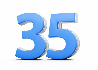 3D numara 35. Mavi gövdeden yapılmış. Beyaz arkaplanda gümüş çizgiler var.