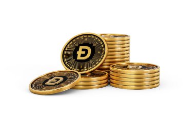 Parlak Altın Kripto Para Yığını Dogecoin Yuvarlak Sikkeler Beyaz Arkaplan 3D Görüntü