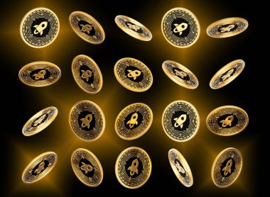 Düşen Altın ve Kara Kripto Para Birimi Yıldız Lumens Siyah Arkaplan 3D Görüntü