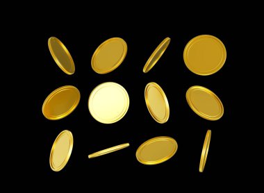 Altın Parlak Düşen Yuvarlak Paralar Siyah Arkaplanda İzole Edilmiş 3D İllüstrasyon