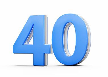 3D numara 40. Mavi gövdeden yapılmış. Beyaz arka planda gümüş çizgili.
