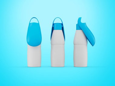 Mavi kapaklı ve mavi kapaklı üç beyaz plastik evcil hayvan şişesi.