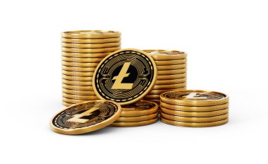 3D Altın Kripto Para Birimi Litecoin Yuvarlak Sikkeler Beyaz Arkaplanda 3D Görüntü