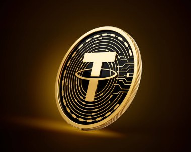 Altın ve Siyah Yuvarlak Şifreli Para Bağlayıcısı Altın Parlak Arkaplanda USDT Para 3D Görüntü