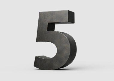 Gri pürüzsüz demirden yapılmış beş numara. Beyaz arka planda izole edilmiş üç boyutlu görüntü.