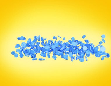 Mavi Yuvarlak Tıbbi Haplar Parlak Sarı Arkaplan 3D Görüntü 'de havaya yayıldı