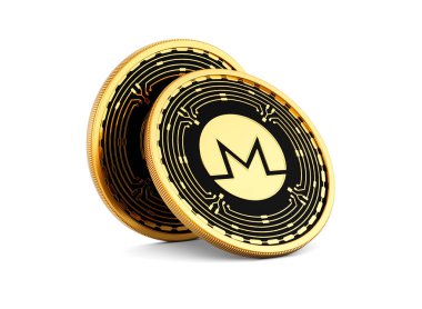 3D İki Altın ve Siyah Yuvarlak Şifreleme Monero Paraları Beyaz Arkaplanda 3D Görüntü