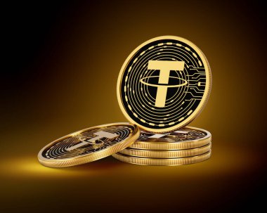 Altın Kripto Para Yığını Parlak Altın Parlak Arkaplanda USDT Bozuklukları 3D İllüstrasyon