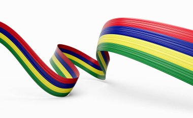 Mauritius 'un 3D Bayrağı. Mauritius' un Parlak Dalgalanışı Mauritius Kurdelesi Beyaz Arkaplanda 3D Görüntü