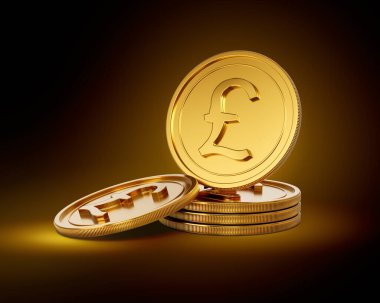Altın Parlak İngiliz Pound Yığını Parlak Altın Parlak Arkaplanda Yuvarlanmış Paralar 3D Görüntü