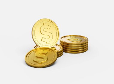 3D Yığın Altın Amerikan Doları Paralar Parlak Yuvarlak Paralar Beyaz Arkaplanda 3D Görüntü