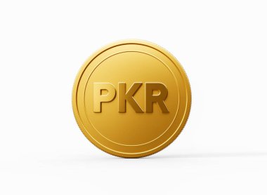 3D Altın Parlak Yuvarlak Pakistanlı Rupi PKR Parası Beyaz Arkaplanda İzole Edildi 3D Görüntü