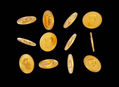 Düşen Altın Parlak Rus Rublesi Siyah Arkaplanda Yuvarlanan Paralar 3D Görüntü