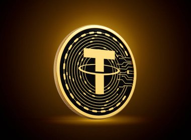 Altın ve Siyah Yuvarlak Şifreli Para Bağlayıcısı Altın Parlak Arkaplanda USDT Para 3D Görüntü
