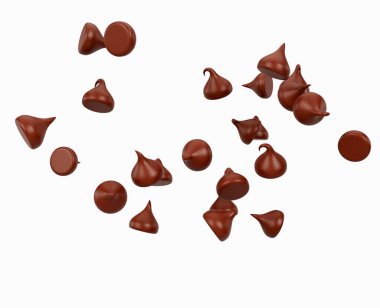 3d Sütlü Çikolata Parçacıkları ya da Çikolata Morsları Hava Beyaz Arkaplanda Dağıtılmış 3d İllüstrasyon