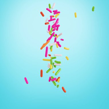 Colorful Sprinkles For Cakes And Bakery Items Falling From Top On cyan Background 3D Illustration