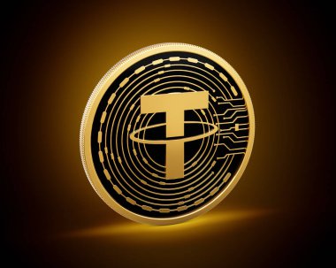 Altın ve Siyah Yuvarlak Şifreli Para Bağlayıcısı Altın Parlak Arkaplanda USDT Para 3D Görüntü