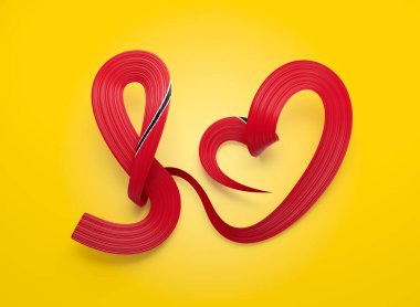 Flag Of Trinidad And Tobago Heart Shaped Wavy Awareness Ribbon On Yellow Background 3d Illustration