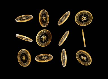 Düşen Altın ve Kara Kripto Para Birimi Cardano Siyah Arkaplanda Yuvarlanan Paralar 3D Görüntü