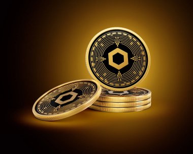 Altın Kripto Para Yığını Parlak Altın Parlak Arkaplanda Zincirli Paralar 3D Görüntü
