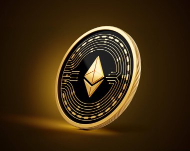 Altın ve Siyah Yuvarlak Kripto Para Birimi Ethereum Altın Parlak Arkaplan 3D Görüntü