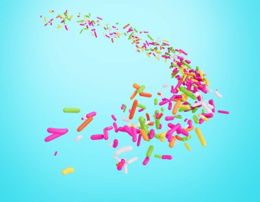 Renkli Serpiştirmeler veya Pastalar İçin Meises Cyan Arkaplan 3D Görüntü 'de Havaya Akıyor