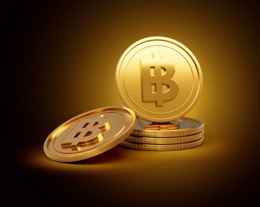 Altın Parlak Tayland Parıltısı Yığını Parlak Altın Parıltı Arkaplan Üzerinde Yuvarlak Sikkeler 3D Görüntü