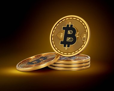 Altın Kripto Para Yığını Bitcoin BTC Parlak Altın Parlak Arkaplan 3D Görüntü