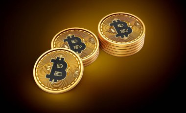 Altın Kripto Para Yığını Bitcoin BTC Parlak Altın Parlak Arkaplan 3D Görüntü