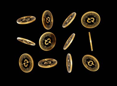 Düşen Altın ve Siyah Kripto Para Birimi Siyah Arkaplanda DCR Yuvarlak Paralar 3D Görüntü