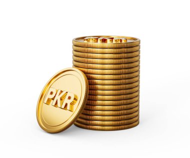 3D Altın Pakistan Yığını PKR Bozukluklar Yuvarlak Paralar Beyaz Arkaplanda 3D Görüntü