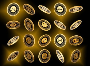 Düşen Altın ve Siyah Kripto Para Birimi Monero XMR Siyah Arkaplanda Yuvarlanan Paralar 3D Görüntü