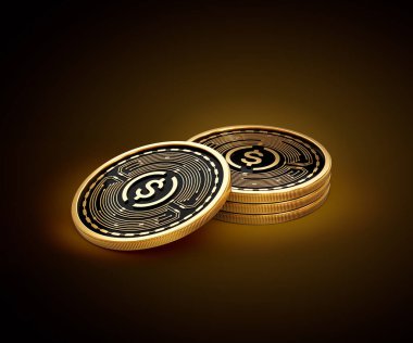 Altın Kripto Para Yığını Parlak Altın Parlak Arkaplanda USDC Bozuklukları 3D Görüntü