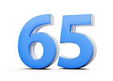 3D numara 65. Mavi vücuttan yapılmış. Beyaz arka planda gümüş çizgili.