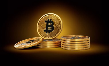 Altın Kripto Para Yığını Bitcoin BTC Parlak Altın Parlak Arkaplan 3D Görüntü