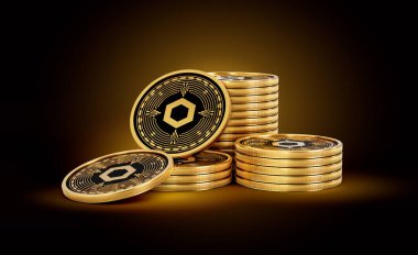 Altın Kripto Para Yığını Parlak Altın Parlak Arkaplanda Zincirli Paralar 3D Görüntü