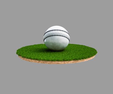 Parlak beyaz deri dikiş atılmış ODI kriket topu yuvarlak yeşil zemin tabanlı 3D görüntü