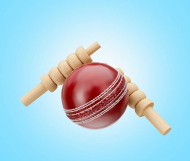 Shiny Red Leather Stitched Test Cricket Ball With Two Wicket Bails Blue Background 3D Illustration clipart