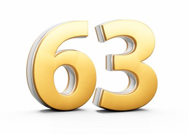 3D Altın Parlak 63 numara. Altmış üç numara. Beyaz Arkaplanda Gümüş Özet.