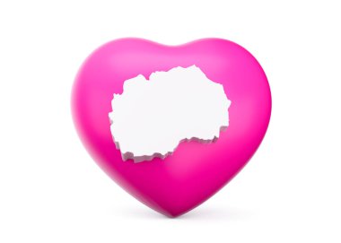 Kuzey Makedonya 'nın Beyaz Haritasıyla Pembe Kalp, Beyaz Arkaplan 3D Görüntü Üzerine İzole Edildi