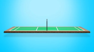 Badminton Court with a Net, Beyaz Çizgiler Yeşil Katın Sınırlarını İşaretliyor 3D İllüstrasyon