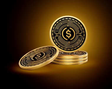 Altın Kripto Para Yığını Parlak Altın Parlak Arkaplanda USDC Bozuklukları 3D Görüntü