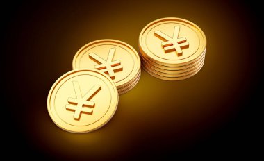 Altın Parlak Japon Yen Yığını Parlak Altın Parlak Arkaplanda Yuvarlanmış Paralar 3D Görüntü