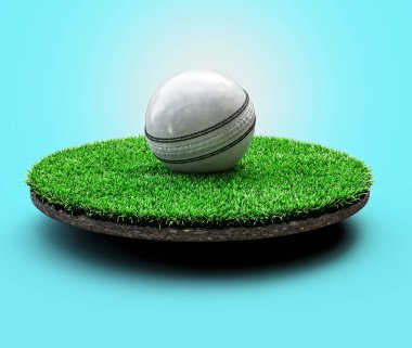 Parlak beyaz deri dikiş atılmış ODI kriket topu yuvarlak yeşil zemin tabanlı 3D görüntü