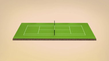 Yeşil Çim Tenis Sahası Ağ ve Beyaz Çizgiler Sınırlar 3 Boyutlu Resimler