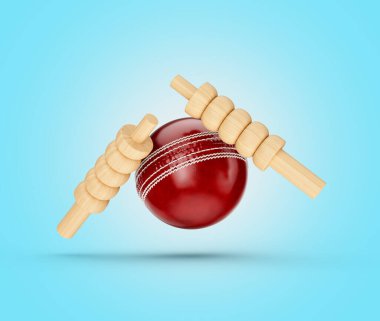 Shiny Red Leather Stitched Test Cricket Ball With Two Wicket Bails Blue Background 3D Illustration clipart