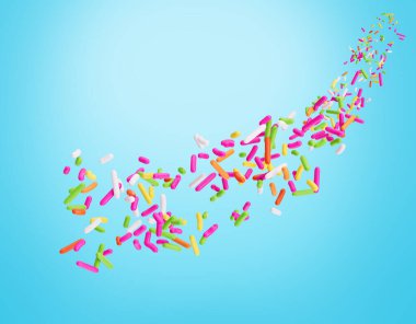 Renkli serpiştirmeler ya da Kekler İçin Meises Yumuşak mavi arka planda akan 3D Resimler