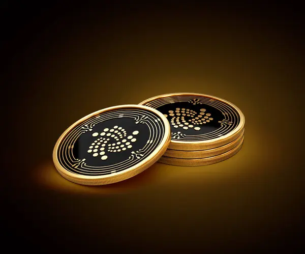 Altın Kripto Para Yığını IOTA Parlak Altın Parlak Arkaplanda 3D Görüntü