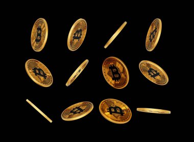 Düşen Altın ve Kara Kripto Para Birimi Bitcoin Siyah Arkaplanda Yuvarlanan Paralar 3D İllüstrasyon