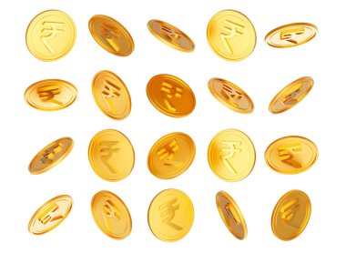 3D Düşen Altın Parlak Hint Rupisi Beyaz Arkaplanda Yuvarlak Bozukluklar 3D Görüntü